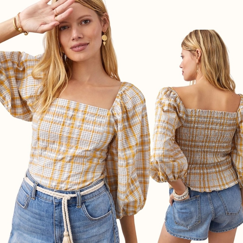 NWT Anthropologie Maeve Yellow Plaid Puff Sleeve Smocked Square Neck Top XL